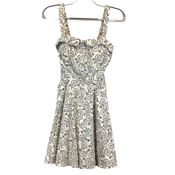 Ixia Dress Bicycle Print Pinup Tie-Back Fit and Flare Dress White Size Large - Picture 2 of 9